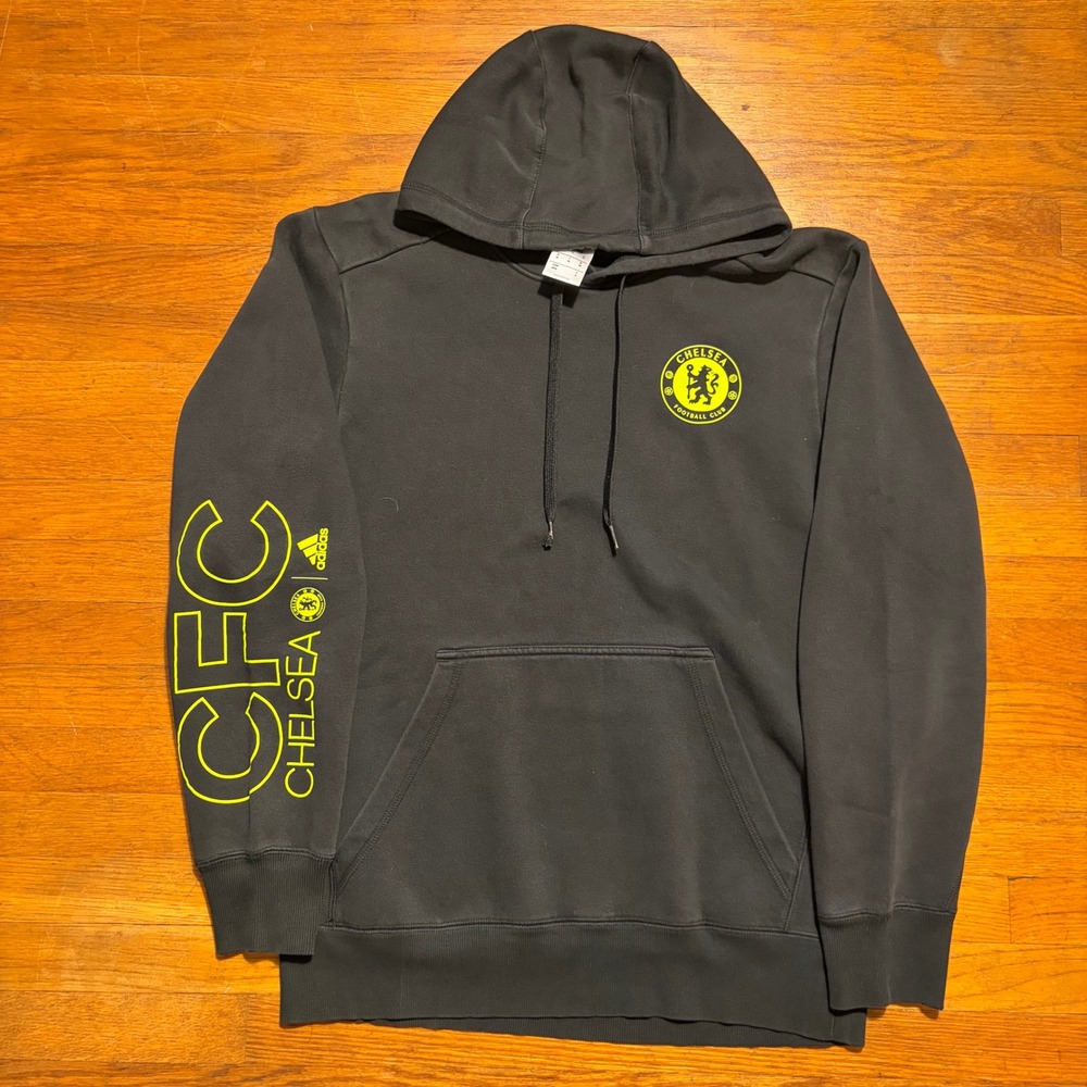 Adidas Chelsea FC Hoodie Mens Medium Black Neon Yellow CFC Pullover Sweatshirt